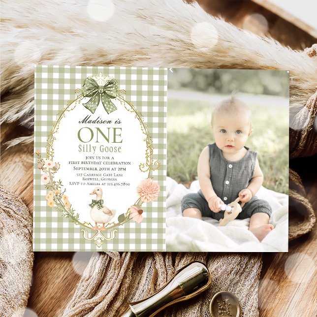 Invitation Silly Goose Floral Green Gingham 1st Birthday (Créateur téléchargé)