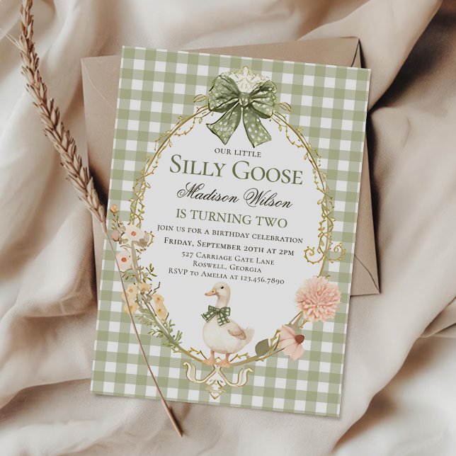 Invitation Silly Goose Floral Green Gingham Birthday Party (Créateur téléchargé)