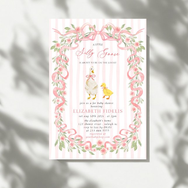 Invitation  Silly Goose Pink Bow Floral QR Code Baby Shower  (Créateur téléchargé)