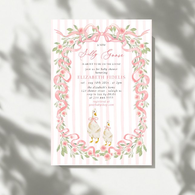 Invitation  Silly Goose  Pink Bow Floral Roses Baby Shower (Créateur téléchargé)