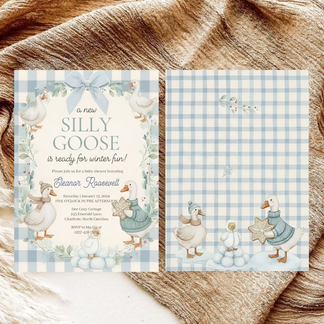 Invitation Silly Goose Winter Blue Plaid Baby Shower (Créateur téléchargé)