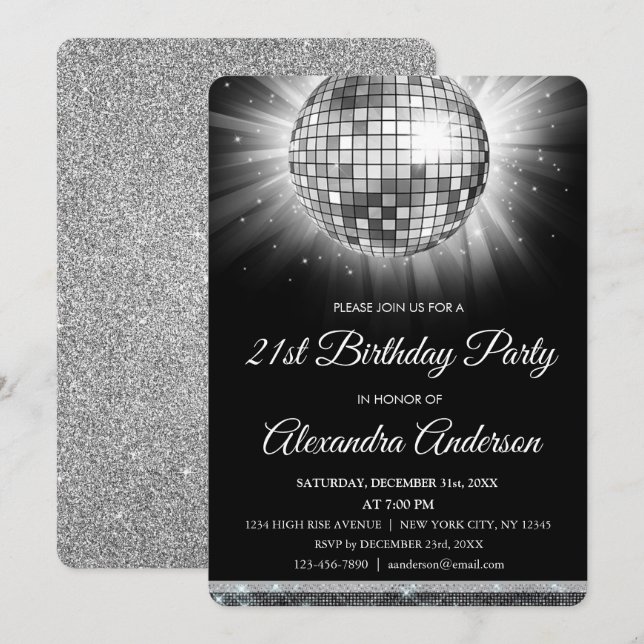 Invitation Silver 21st Birthday Party Disco Ball - 70's Party (Devant / Derrière)