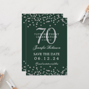 Invitation Silver 70th Birthday Save Date Détails Vert