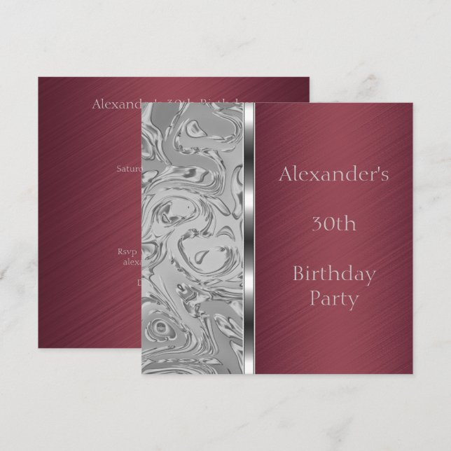 Invitation Silver Abstrait & Burgundy Birthday Event (Devant / Derrière)
