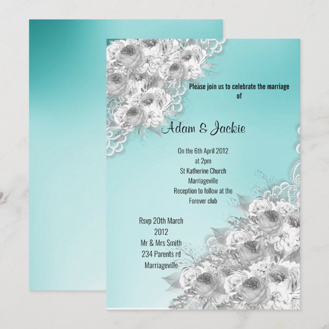 Invitation Silver Aqua Floral LACE ÉLÉGANT MARIAGE MODERNE (Devant / Derrière)