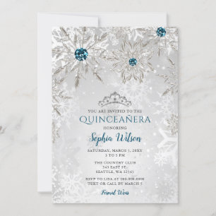 Invitation Silver Aqua Snowflakes Tiara Quinceañera