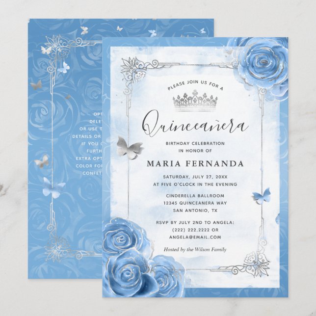 Invitation Silver Bahama Bleu Roses Élégante Quinceanera (Devant / Derrière)