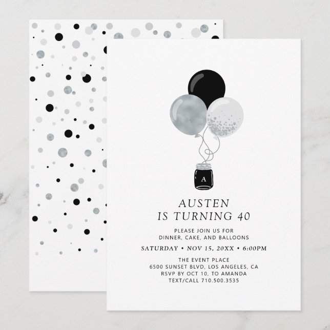 Invitation Silver & Black Balloon moderne Adulte fête d'anniv (Devant / Derrière)