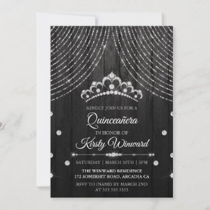 Invitation Silver Black Diamond Tiara Quinceanera