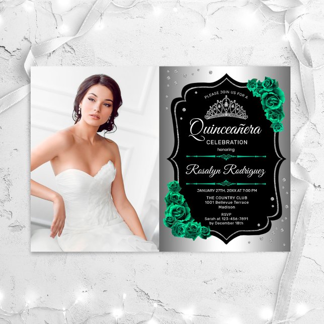 Invitation Silver Black Emerald Green Photo Quinceanera (Créateur téléchargé)