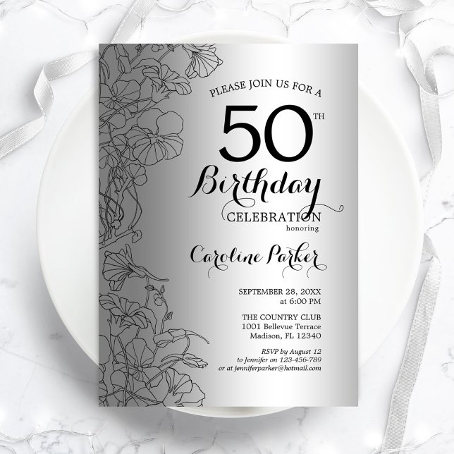 Invitation Silver Black Floral 50e fête d'anniversaire (Créateur téléchargé)