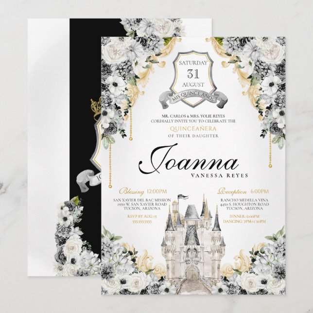 Invitation Silver Black Gold Floral Royal Princess Anniversai (Devant / Derrière)