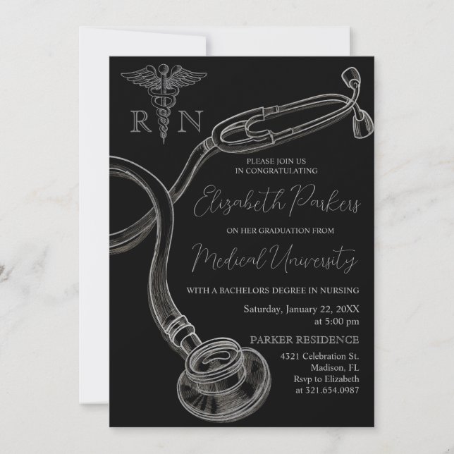 Invitation Silver Black Nursing School Graduation Party (Devant)