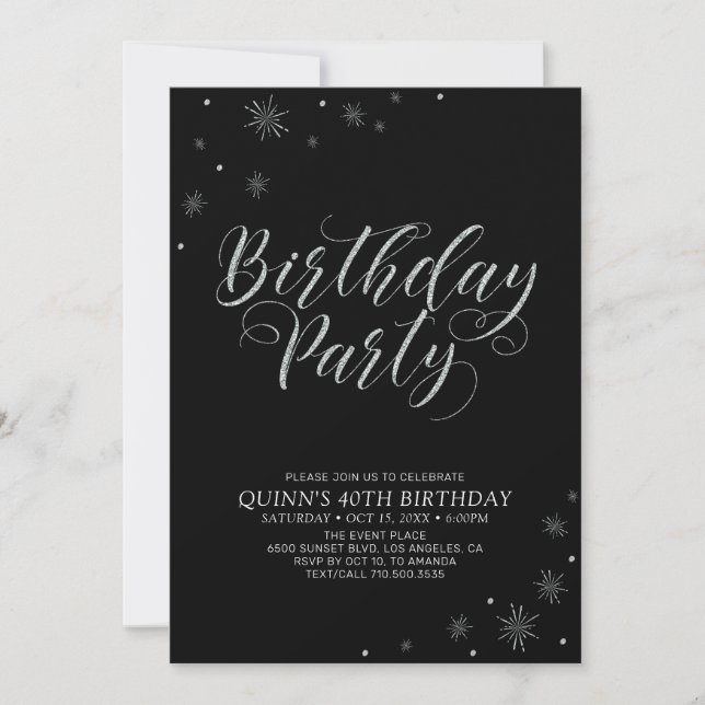 Invitation Silver & Black Photo moderne Adult Anniversaire Pa (Devant)