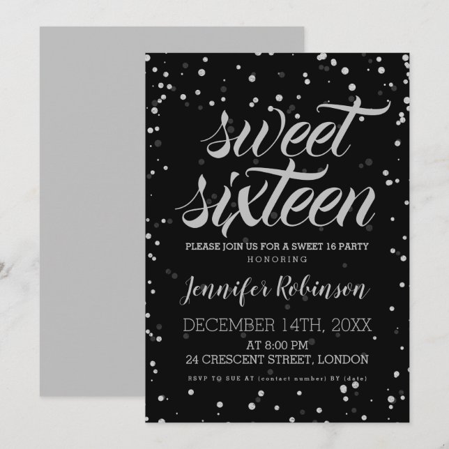 Invitation Silver Black Sweet 16 Parties scintillant Sparkle  (Devant / Derrière)
