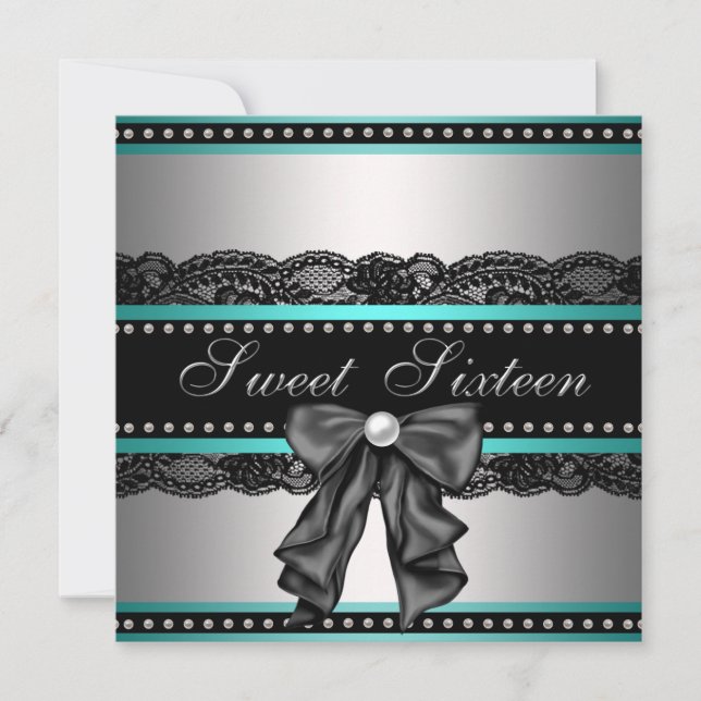Invitation Silver BlackTeal Blue Sweet 16 Anniversaire (Devant)