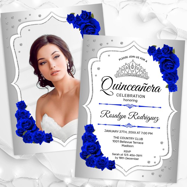 Invitation Silver Blanc Royal Blue Photo Quinceanera (Créateur téléchargé)