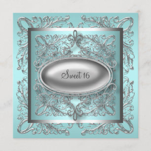 Invitation Silver Blanc Turquoise Bleu doux 16 Anniversaire