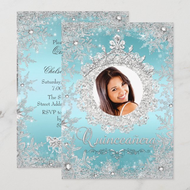 Invitation Silver bleu Tiara Flocon de neige étincelante Quin (Devant / Derrière)