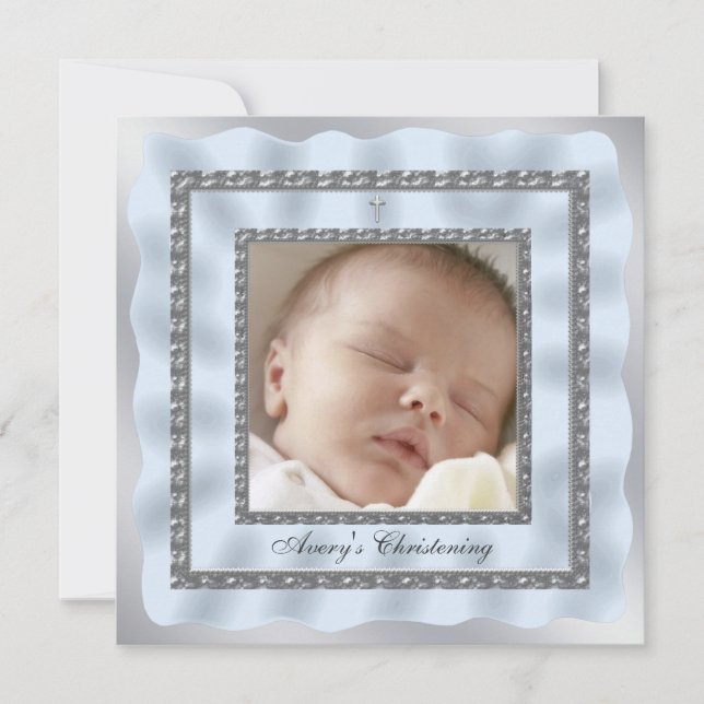 Invitation Silver Blue Baby Boy Photo Christening Baptême (Devant)