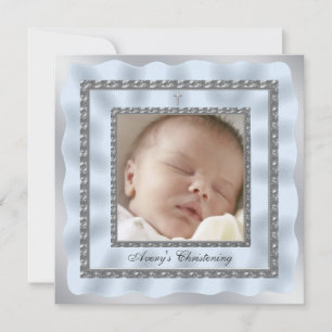 Invitation Silver Blue Baby Boy Photo Christening Baptême