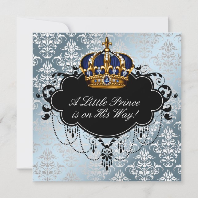 Invitation Silver Blue Black Prince Baby Boy Douche (Devant)