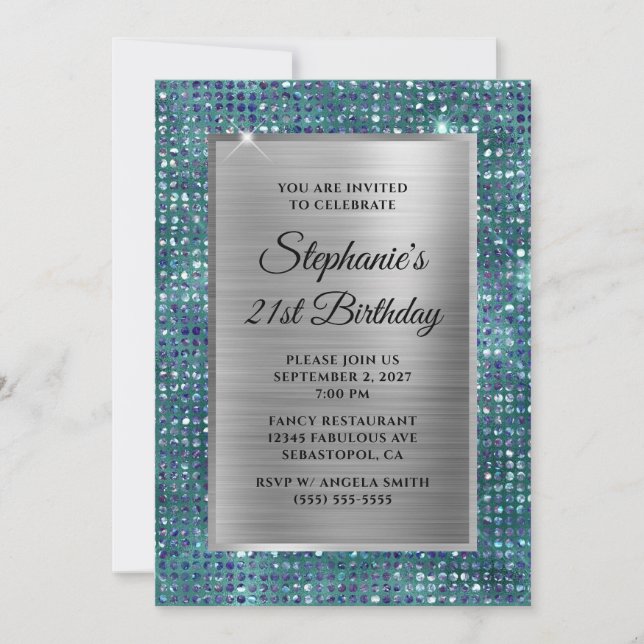Invitation Silver Blue Diamond Turquoise Glam Foil 21e annive (Devant)
