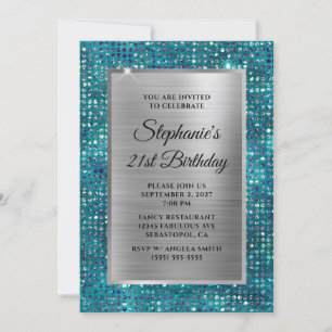 Invitation Silver Blue Diamond Turquoise Glam Foil 21e annive