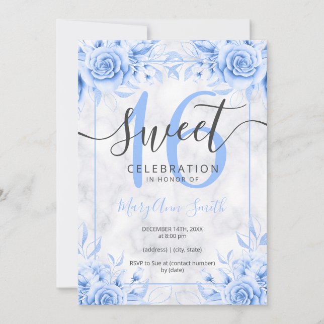 Invitation Silver Blue Floral Sweet 16 Parties scintillant en (Devant)