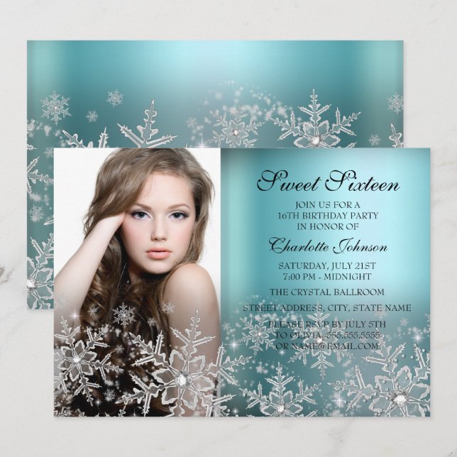 Invitation Silver Blue Sparkle Snowflake Photo Sweet 16 (Devant / Derrière)