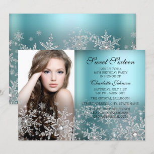 Invitation Silver Blue Sparkle Snowflake Photo Sweet 16