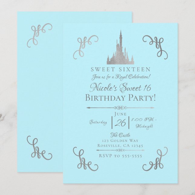 Invitation Silver & Blue Storybook Princess Sweet 16 Party (Devant / Derrière)