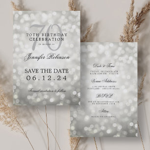 Invitation Silver Bokeh 70th Birthday Save Date Détails