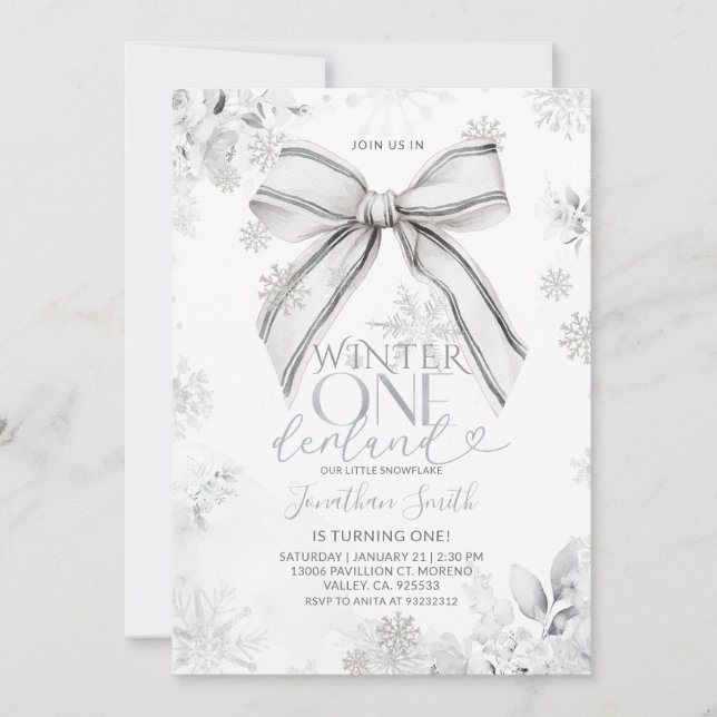 Invitation Silver Bow Winter Onederland Snowfall 1st Birthday (Devant)