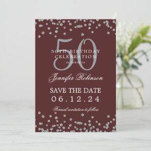 Invitation Silver Burgundy 50th Birthday Save Date & Détails