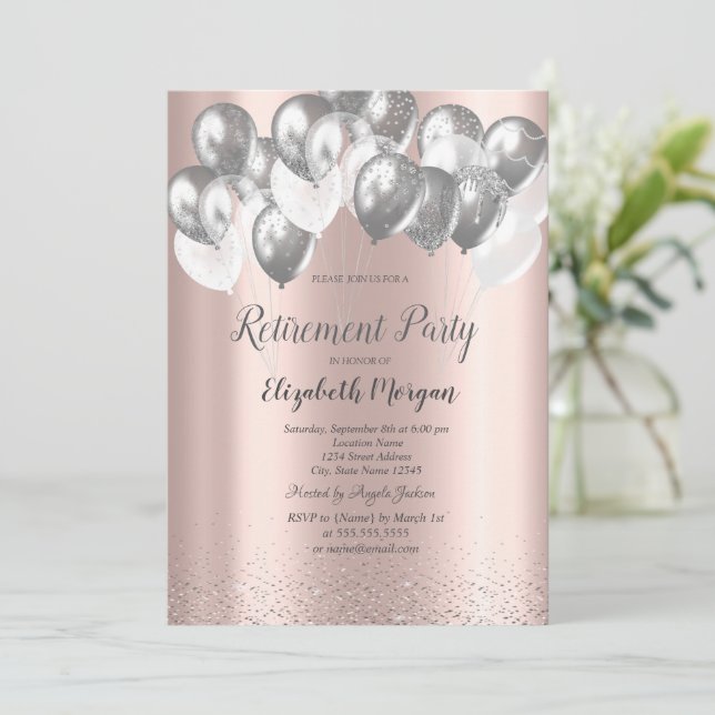 Invitation Silver Confetti Ballons Rose Gold Retraite (Debout devant)