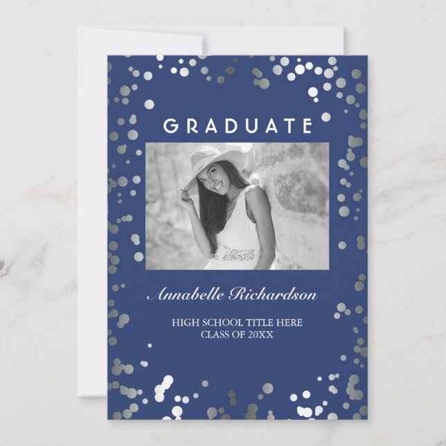 Invitation Silver Confetti Marine Bleu Élégant Photo Graduati (Devant)