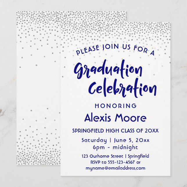Invitation Silver Confetti & Navy Typography Graduation Party (Devant / Derrière)