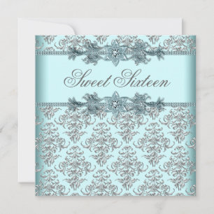 Invitation Silver Damask Turquoise Blue Sweet 16 Anniversaire