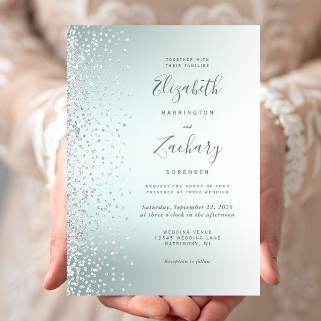 Invitation Silver Diamond Confetti Aqua Ombre Mariage (Créateur téléchargé)
