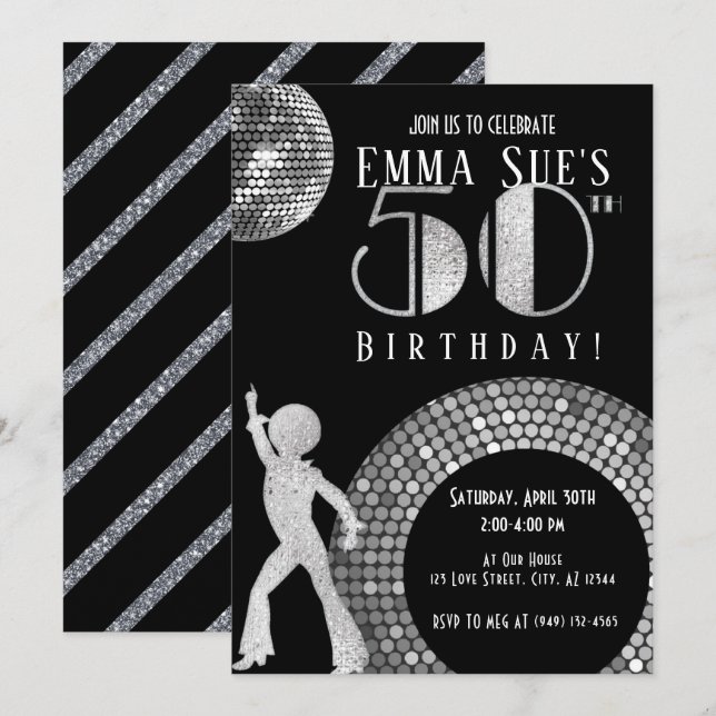 Invitation Silver Disco Ball Studio 54 Party 50e anniversaire (Devant / Derrière)