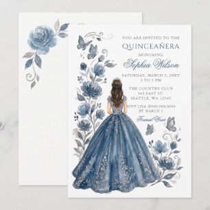 Invitation Silver Dusty Blue Floral Princess Quinceañera