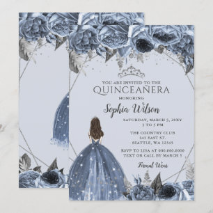 Invitation Silver Dusty Blue Floral Princesse Quinceañera