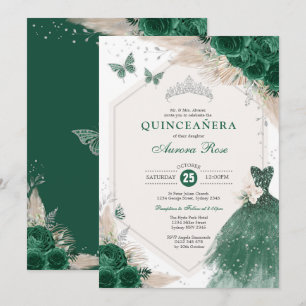 Invitation Silver Emerald Green Boho Roses Quinceañera Party