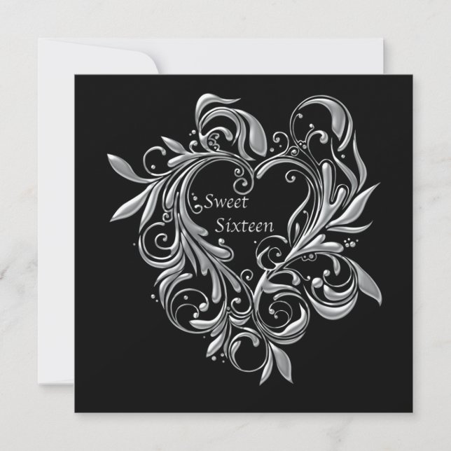 Invitation Silver Filigree Heart Sweet 16 Party (Devant)