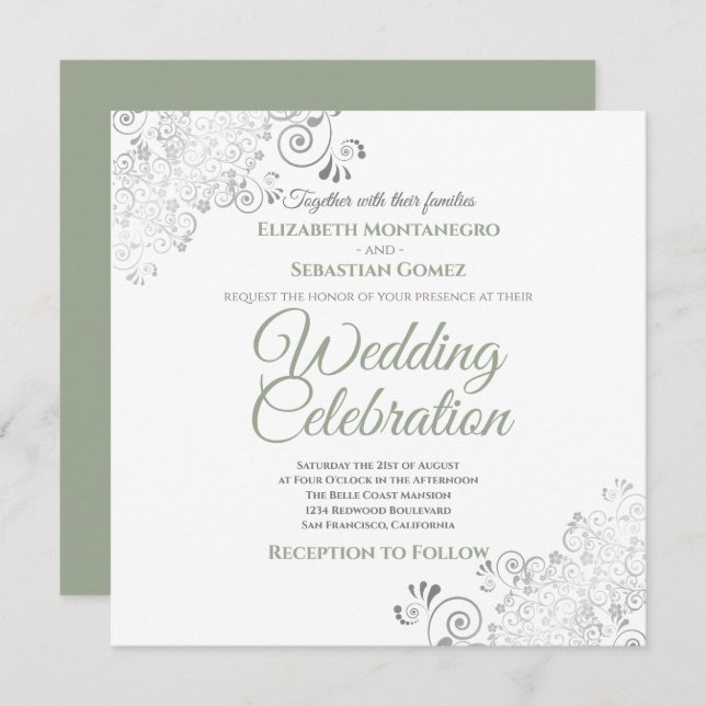Invitation Silver Filigree Sage Vert et blanc Carré Mariage (Devant / Derrière)