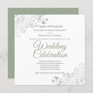 Invitation Silver Filigree Sage Vert et blanc Carré Mariage