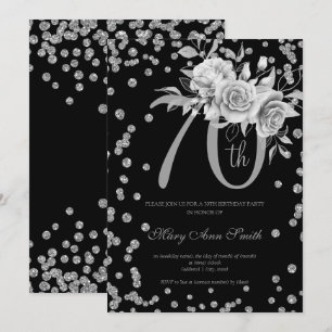 Invitation Silver Floral & Confetti 70e Anniversaire Fête Noi
