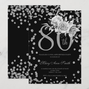Invitation Silver Floral & Confetti 80e anniversaire fête Noi