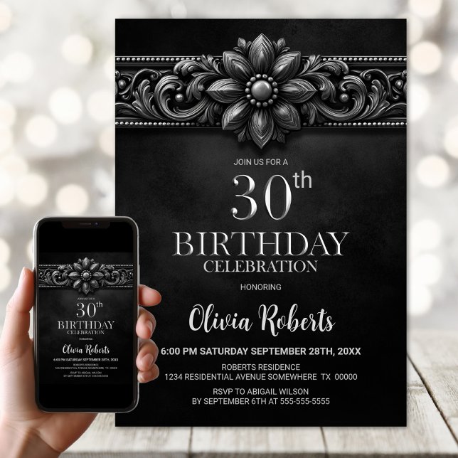 Invitation Silver Flower Black 30th Birthday Party (Créateur téléchargé)